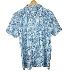 TENTH  Ocean Mens Blue White Floral Linen Blend Button Up Shirt  US XL